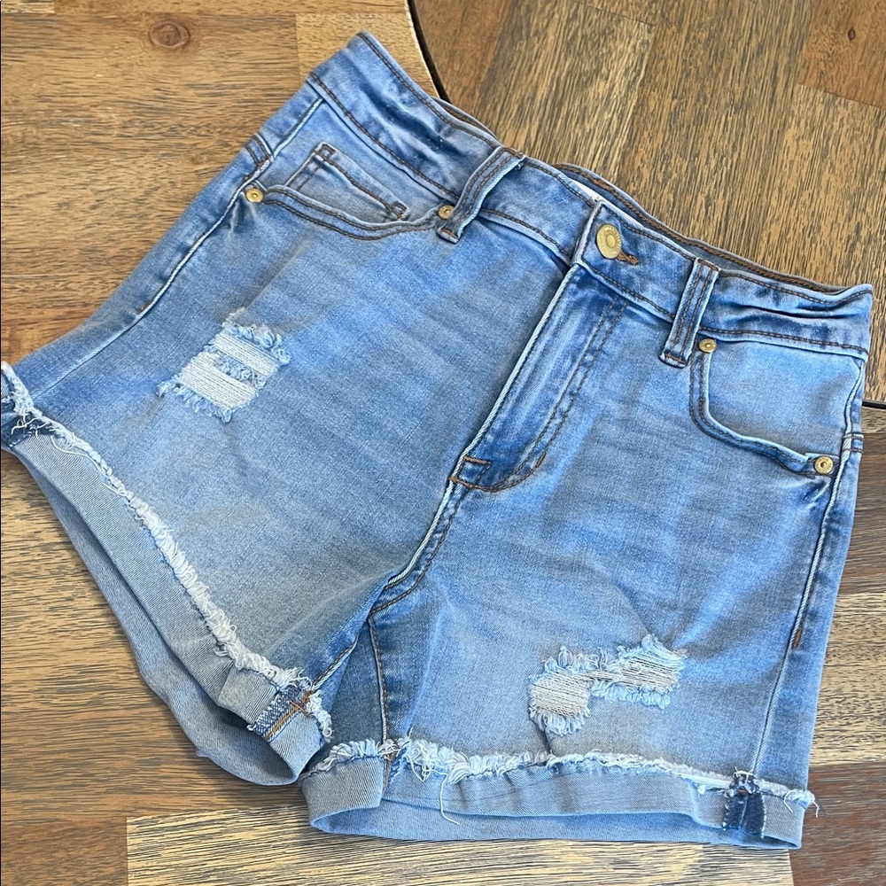 Celebrity Pink Light Blue Distressed Denim Jean Shorts Frayed Hem Size 1 25